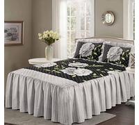 London Dream Rosaleen Quilted Bedspread with Matching Two Pillow Shams - Valance Style 23" Deep Frilled Bed Spreads Floral Design Bedding Set (Black/White, King 3-Piece)