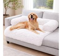 London Dream Soft Plush Dog Sofa Bed Fluffy Pet Couch Cover with Waterproof Lining & Anti-Slip Base, Washable Furniture Protector Cushion for Dogs & Cats (Silver, 90x90x15cm)