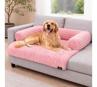 London Dream Soft Plush Ribbed Cord Dog Sofa Bed, Calming Pet Couch Protector Cover, Waterproof Lined & Washable, Non Slip Base, Cozy Raised Cushion for Dogs & Cats (Pink, 75x75x13cm)