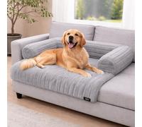 London Dream Soft Plush Ribbed Cord Dog Sofa Bed, Calming Pet Couch Protector Cover, Waterproof Lined & Washable, Non Slip Base, Cozy Raised Cushion for Dogs & Cats (Silver, 90x90x15cm)