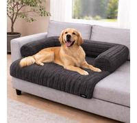 London Dream Soft Plush Ribbed Cord Dog Sofa Bed, Calming Pet Couch Protector Cover, Waterproof Lined & Washable, Non Slip Base, Cozy Raised Cushion for Dogs & Cats (Charcoal, 75x75x13cm)