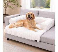 London Dream Soft Plush Ribbed Cord Dog Sofa Bed, Calming Pet Couch Protector Cover, Waterproof Lined & Washable, Non Slip Base, Cozy Raised Cushion for Dogs & Cats (White, 90x90x15cm)