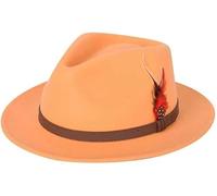 London Dream Unisex Fedora Hat Wide Brim 100% Wool Handmade Feather Mens Trilby Hats Adjustable Band Trilby Felt Fedora Wool Hats for Women (UK, Alpha, M, Orange)