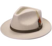 London Dream Unisex Fedora Hat Wide Brim 100% Wool Handmade Feather Mens Trilby Hats Adjustable Band Trilby Felt Fedora Wool Hats for Women (UK, Alpha, L, Beige)