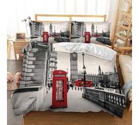 London Duvet Cover Sets Double Red Telephone Booth Bedding Set, 3D Print Ultra Soft Microfiber Quilt Cover 200x200cm Comforter Covers with Zippe and 2 Pillowcases A-622