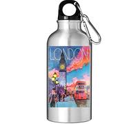 London England Big Ben Red Bus Retro Style Poster Tourist Water Bottle Flask Silver 500ml
