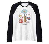London England Icons Rainy Day British UK Symbols Raglan Baseball Tee