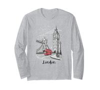 London England Rainy Day Big Bridge Red Bus Sketch Long Sleeve T-Shirt