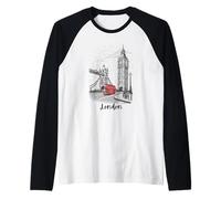 London England Rainy Day Big Bridge Red Bus Sketch Raglan Baseball Tee