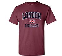 London England T-Shirt with Union Jack Souvenir Printed T-Shirt Kids and Adults Unisex Tees (XX-Large, Burgundy)