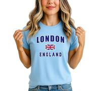 London England Union Jack Womens Graphic T-Shirt British Locations Ladies Tee Travel Souvenir Top M (12-14) Sky Blue