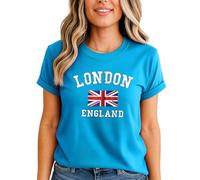 London England Union Jack Womens Graphic T-Shirt Distressed British Flag Tee S (8-10) Azure Blue
