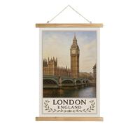 London England Wall Art Poster, Vintage Travel Print of Big Ben and Parliament, Linen Canvas Hanging Scroll with Wooden Frame, Rustic European City Decor for Living Room Bedroom Office, 16x23 Inch