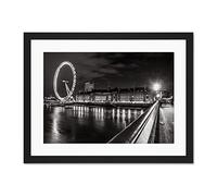 London Eye Black And White Night Large Black Framed Art Print Wall Poster 18x24 inch
