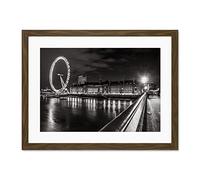 London Eye Black And White Night Large Brown Framed Art Print Wall Poster 18x24 inch