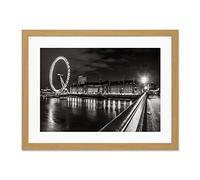London Eye Black And White Night Large Light Oak Framed Art Print Wall Poster 18x24 inch