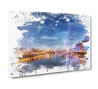 London Eye Landscape Thames River No.2 V3 Canvas Print | Gallery Wrapped 30mm Frame Wall Art | 20x14 inches | Ready to Hang | Modern Landscape Picture | Living Room Bedroom Lounge Office
