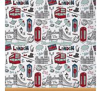 London Fabric by The Yard Cartoon London Landmarks Design Illustration Upholstery Fabric for Chairs England Vintage Big Ben Famous Telephone Booth Decorative Waterproof Fabric 1 Yard,(L92*W150cm)