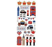 London Fancy Icons Sticker Set - Big Ben, Crowns, Gold State Coach Carriage, Royal Guard, British Moustaches, English Tea Cups and Kettle, Union Jack Heart, Bus, Taxi, Telephone Booth, Post Box, Rain
