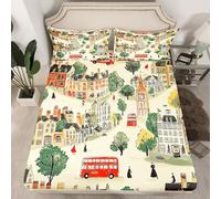 London Fitted Sheet Twin Size,London Big Ben and Bus Pattern Bedding Set 2Pcs for Kids Teens Adult Room Decor,Retro London Street View Bed Sheet Cartoon City Deep Pocket Sheet,1 Pillowcase