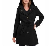 London Fog Women's Double Lapel Thigh Length Button Front Wool Coat with Belt, Black, S