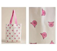 London Food Hall M&S Tote Bag with Percy Pig Pattern, White Canvas with Pink Handles, Reusable Shopping Bag