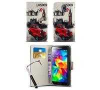 London Gadget Store Pattern Modern Print Design Wallet Flip Case Cover with Integrated Stand & Retractable Stylus Pen Compatible with Nokia Lumia 635 - Red Vintage Car and Big Ben