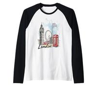 London Icons Big Bridge Clock Red Bus Souvenir Art Raglan Baseball Tee