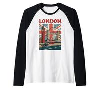 London Icons Big Clock Bridge Ben Tower Red Bus Souvenir Raglan Baseball Tee
