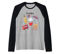 London Icons, British Symbols, Cute Illustration, Souvenir for Kids Raglan Baseball Tee