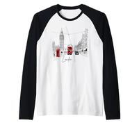 London Icons Red Bus Big Clock Sketch Art Souvenir Raglan Baseball Tee