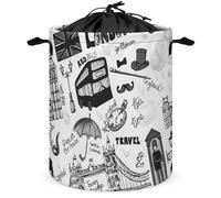 London Landmark England Flag Bus Telephone Booth Drawstring Collapsible Canvas Storage Basket, with Handles Foldable Storage Bin, Durable for Laundry Toys Clothes Bedroom Office