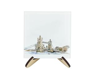 London Landmarks Coaster Set - Square Glass Painted Scene Design - Set of Four (4) Coasters & Wood-Effect Stand