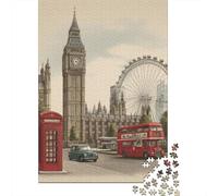 London Landmarks Premium Cardboard 1000 Piece Vintage Illustration Style Puzzle, Educational Game Adults, Stress Relief, Birthday Gift & Wall Decor for Enthusiasts 38x26cm/1000pcs