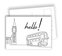 London Postcards - Minimal Line Art with Big Ben & Double-Decker Bus - “Hello” | Set of 10 flat cards (A6) - Writable reverse side