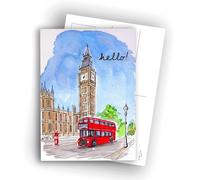 London Postcards - Watercolor Illustration of Big Ben & Double-Decker Bus - “Hello” | Set of 10 flat cards (A6) - Writable reverse side