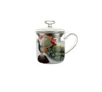 London Pottery High Borosilicate Glass Tea Mug with Stainless Steel Infuser & Lid, 11.8oz Hand Painted Butterfly Clear Brewing Cup, Loose Leaf Tea Cup for Home & Office Daily Use (M-Peacock)
