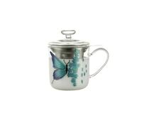 London Pottery High Borosilicate Glass Tea Mug with Stainless Steel Infuser & Lid, 11.8oz Hand Painted Butterfly Clear Brewing Cup, Loose Leaf Tea Cup for Home & Office Daily Use (M-Blue&Purple)