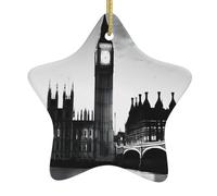 London -Print Christmas Ceramic Star Ornaments - Handmade Ceramic Holiday Decor With Gold String For Tree Home Festival.