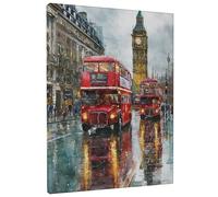 London Red Bus Canvas Wall Art, Vintage Red Double Decker Buses Print, Rainy Day Cityscape Wall Decor for Living Room, Bedroom, Office, Artistic Home Decor 16x20 Inch