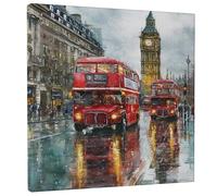 London Red Bus Canvas Wall Art, Vintage Red Double Decker Buses Print, Rainy Day Cityscape Wall Decor for Living Room, Bedroom, Office, Artistic Home Decor 12x12 Inch