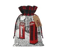 London Red Telephone Booth Color Blocked Linen Drawstring Gift Bag, Reusable Gift Bag