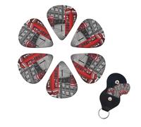 London Red Telephone Booth Guitar Picks 6 Pack, 0.71mm Thickness Celluloid Bass Pick with Leather Guitar Pick Holder Keychain Abstract Art Pics Plectrum for Acoustic Electric Guitar, Ukulele, Bass