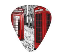 (London Red Telephone Booth) Guitar Picks Set Of 12 With Transparent Plastic Box For Bass Electric And Acoustic Guitars Ukulele