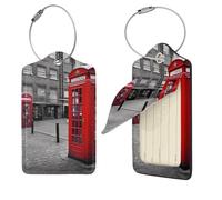 London Red Telephone Booth Luggage Tag PU Leather Suitcase Tags Identifiers Travel Tags with Privacy Protection and Stainless Steel Loop Luggage Bag Tag for Women Men, Black, 4 pcs