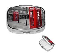 London Red Telephone Booth Pill Box with Mirror 2 Compartment Decorative Pill Case for Purse or Pocket Small Square Pill Organizer Weekly Metal Medicine Tablet Vitamin Holder Travel Gift
