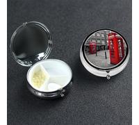 London Red Telephone Booth Pill Box with Mirror 3 Compartment Decorative Pill Case for Purse or Pocket Small Round Pill Organizer Weekly Metal Medicine Tablet Vitamin Holder Travel Gift