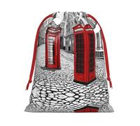 London Red Telephone Booth Print Drawstring Gift Bag With Pull Cord Closure For Gifting And Storage