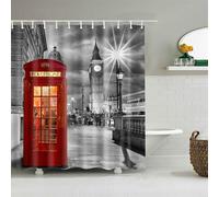 London Red Telephone Box and Big Ben Retro London City Scenry Old Street View at Night Shower Curtain, 180 x 180 cm