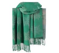 London Scarfs Luxurious Chic Soft Chunky Reversible Mulberry With Birds Tree Print Shawls Cashmere Perfect Winter Christmas Ideal Gifts (New woven tree Green & Silver)